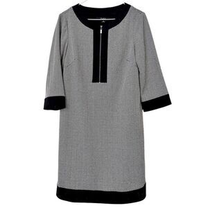 Alex Marie 1/4 Zip Herringbone Quarter Sleeve Shift Career Dress Black White 8